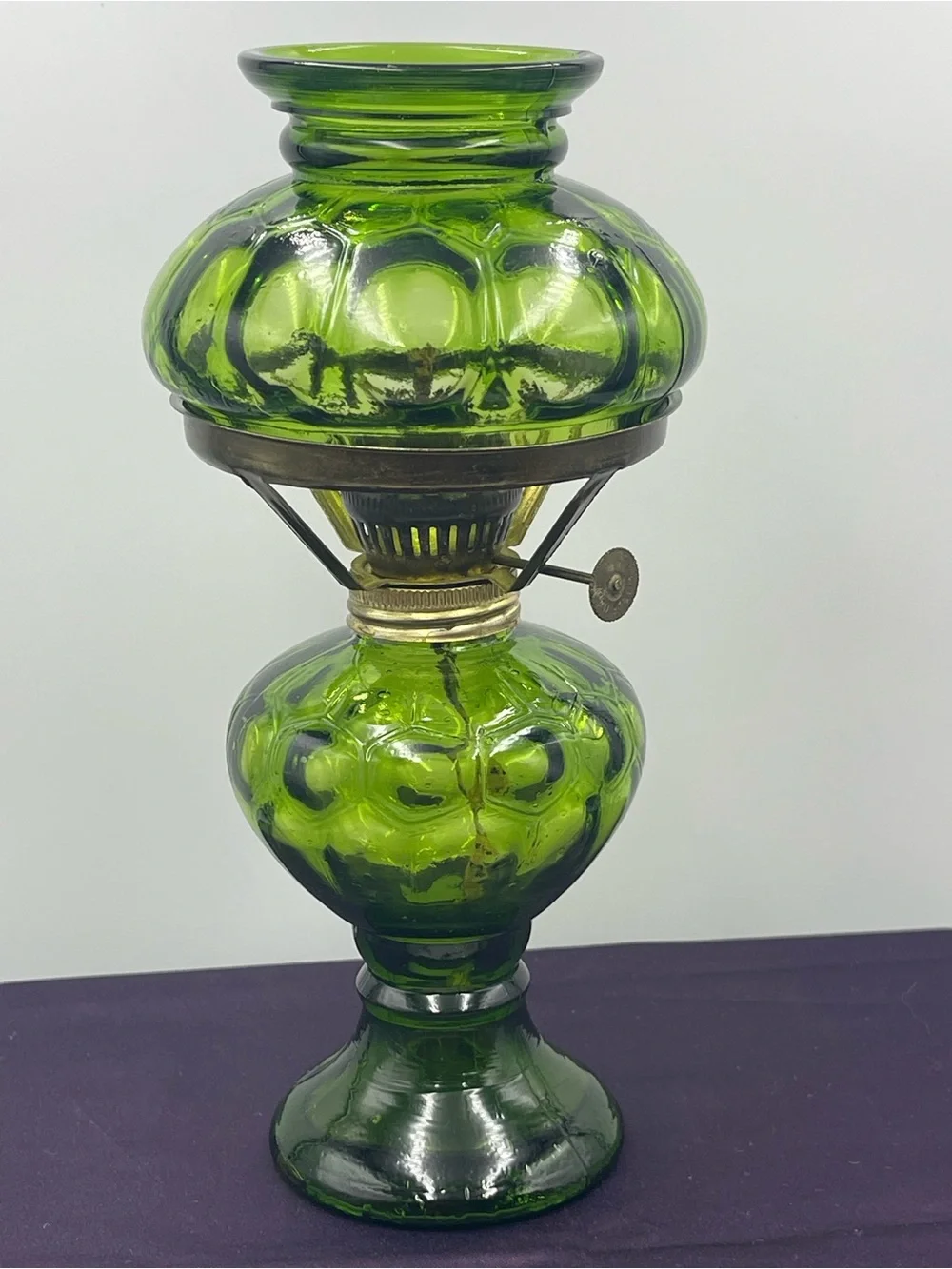Vintage Emerald Green Pressed Glass Hurricane Oil Lamp w/Brass Metal Wick Collar